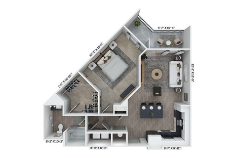 A floor plan of a house with a kitchen, living room, and bathroom.